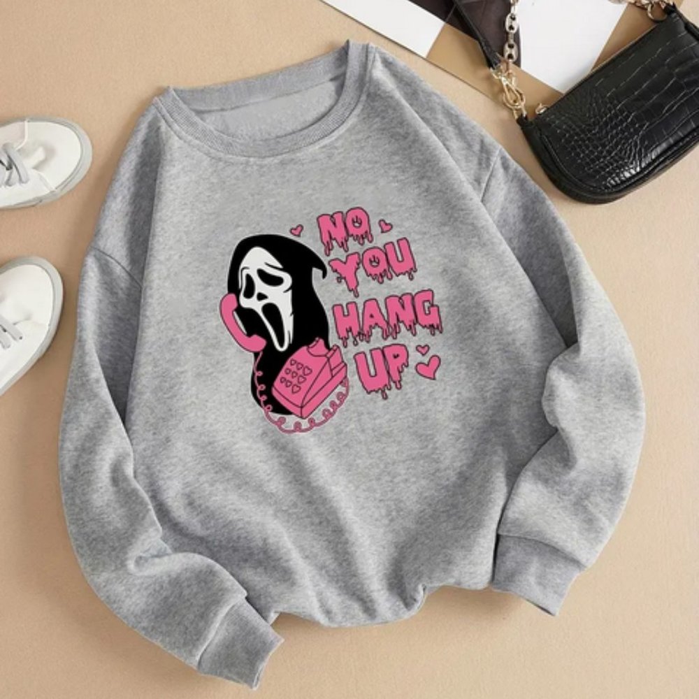 No You Hang Up Print Sweatshirt, Halloween Long Sleeve Crew Neck Casual Sweatshi